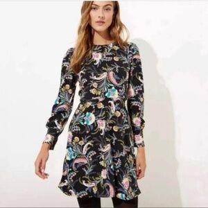 NWT LOFT Floral Paisley Long Sleeve Fit & Flare Dress in Black Size 12